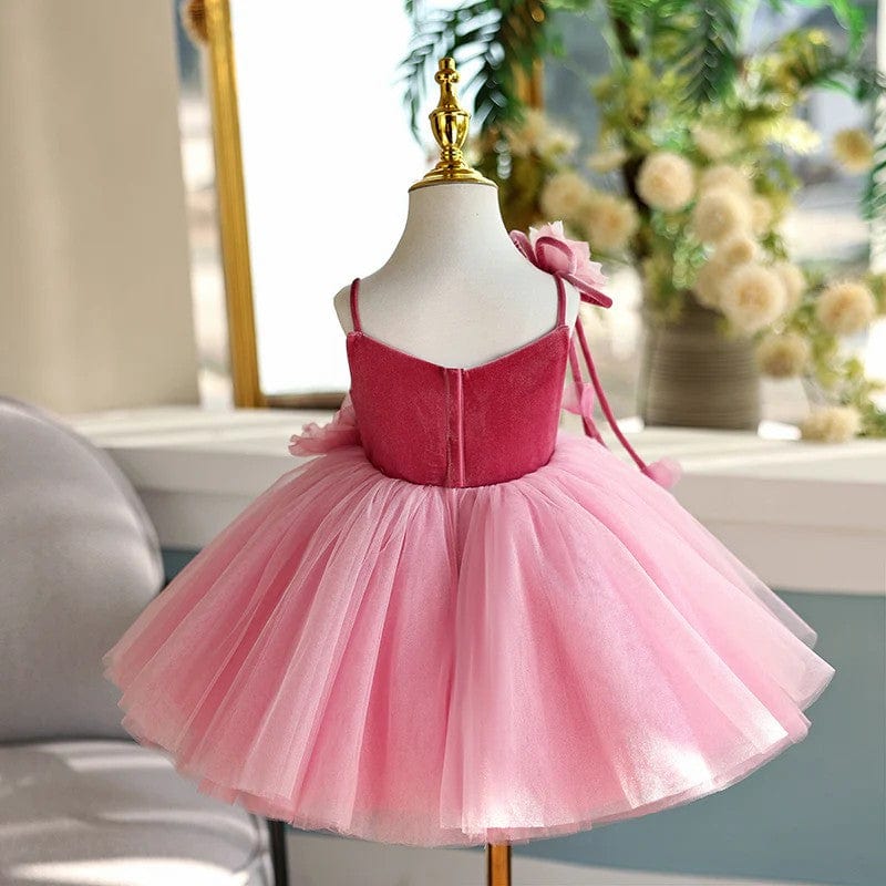 Sunnypetal Pink Spaghetti Straps Flower Puff Tulle Ball-Gown Flower Girl Dresses