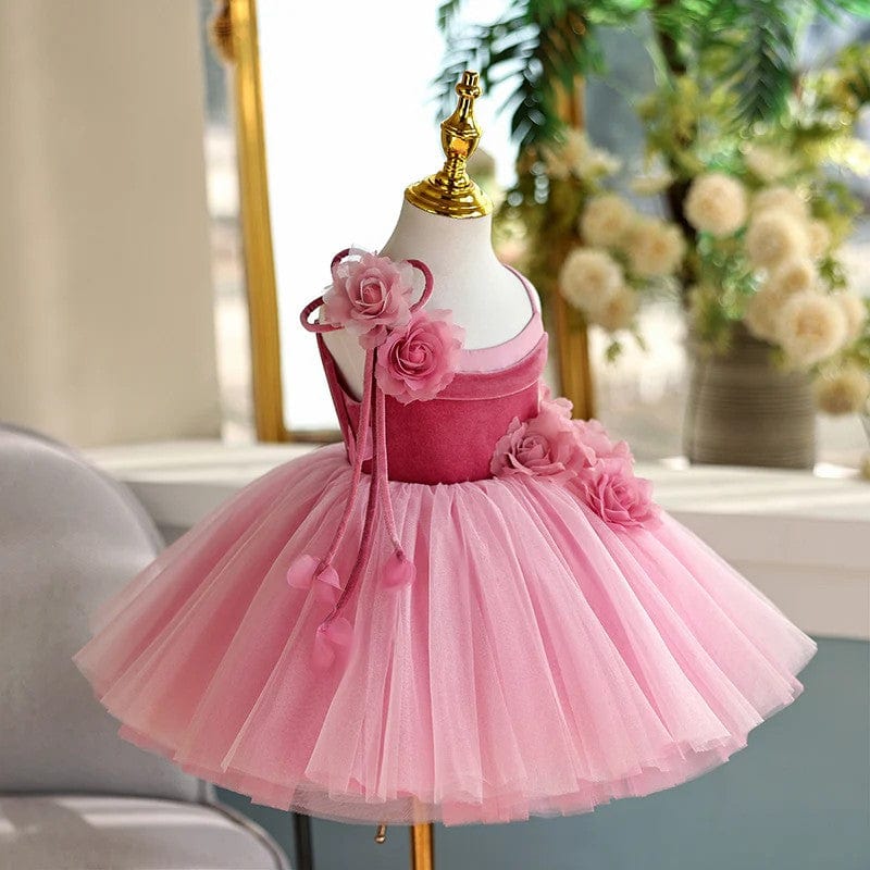 Sunnypetal Pink Spaghetti Straps Flower Puff Tulle Ball-Gown Flower Girl Dresses
