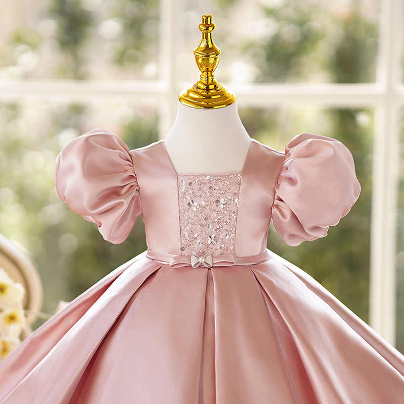 Sunnypetal Pink Square Neck Puff Sleeves Satin Knee-Length Flower Girl Dresses