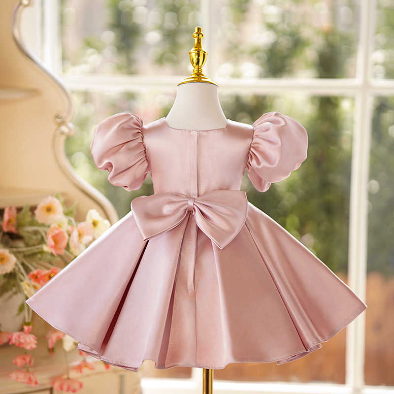 Sunnypetal Pink Square Neck Puff Sleeves Satin Knee-Length Flower Girl Dresses