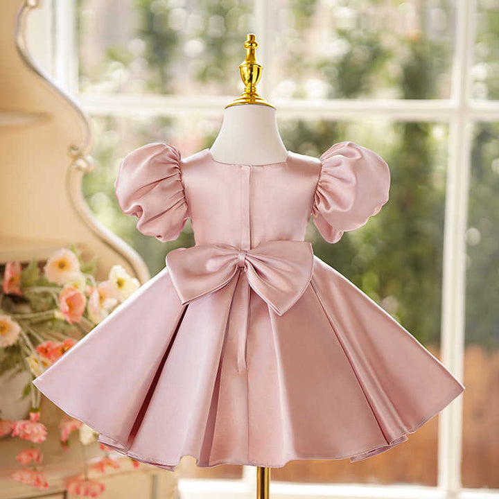 Sunnypetal Pink Square Neck Puff Sleeves Satin Knee-Length Flower Girl Dresses