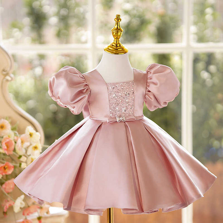Sunnypetal Pink Square Neck Puff Sleeves Satin Knee-Length Flower Girl Dresses