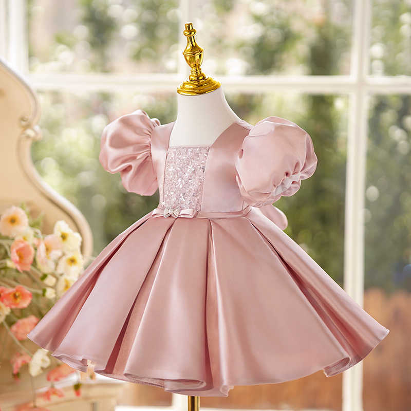 Sunnypetal Pink Square Neck Puff Sleeves Satin Knee-Length Flower Girl Dresses