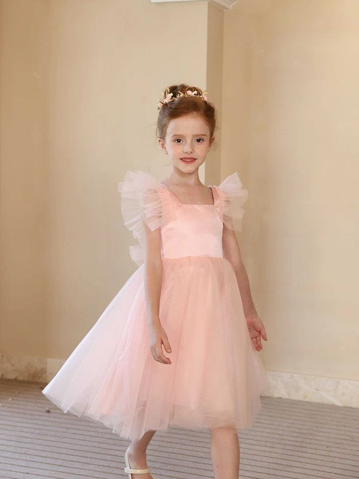 Sunnypetal Pink Tulle Ruffled Sleeves A-Line Knee-Length Flower Girl Dresses