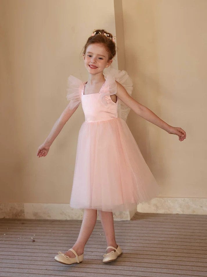 Sunnypetal Pink Tulle Ruffled Sleeves A-Line Knee-Length Flower Girl Dresses