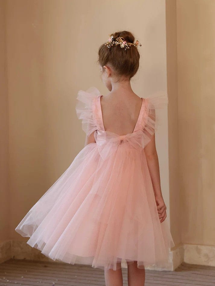 Sunnypetal Pink Tulle Ruffled Sleeves A-Line Knee-Length Flower Girl Dresses