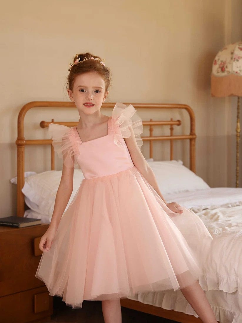 Sunnypetal Pink Tulle Ruffled Sleeves A-Line Knee-Length Flower Girl Dresses