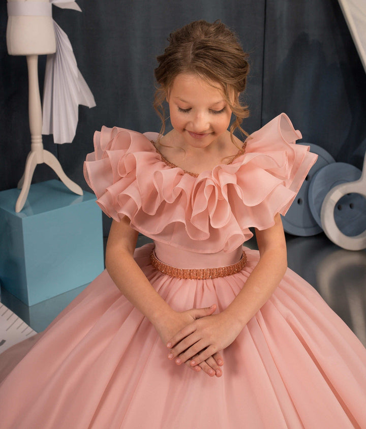 Sunnypetal Pink Tulle Ruffles Ball Gown Flower Girl Dress With Beading