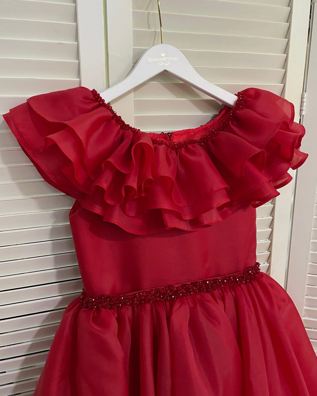 Sunnypetal Pink Tulle Ruffles Ball Gown Flower Girl Dress With Beading