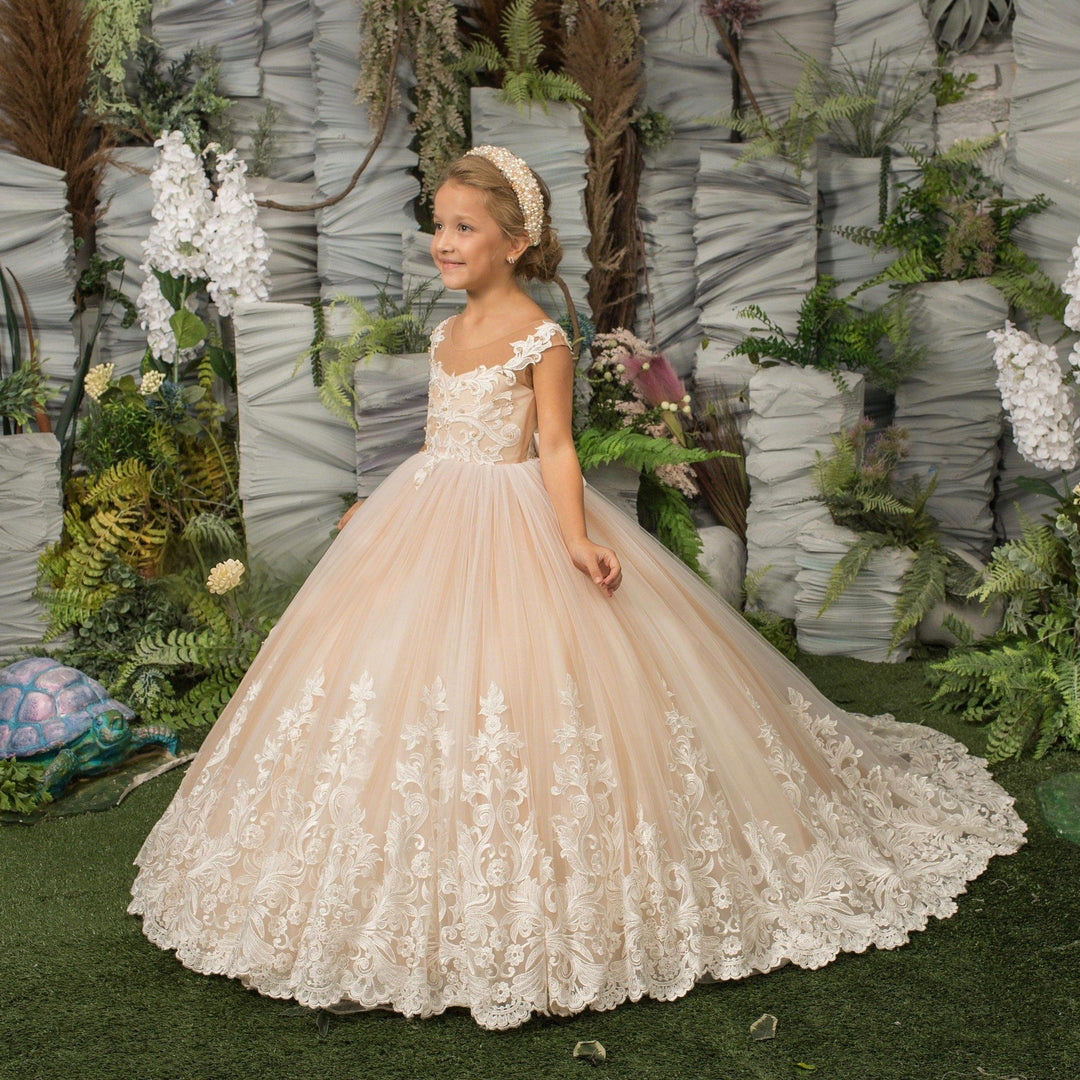 Sunnypetal Princess Tulle Flower Girl Dress with Lace Appliques & Bow-For Special Occasions
