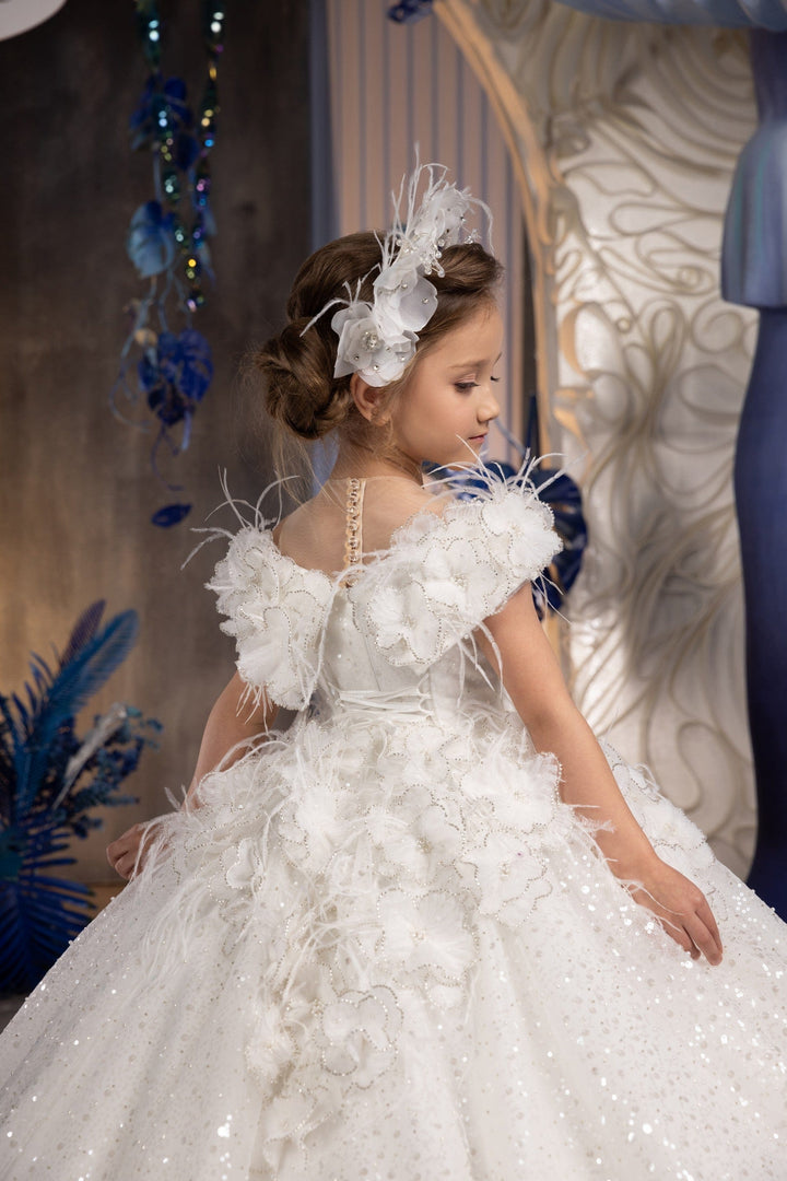 Sunnypetal Princess Tulle Sequins Feather Pearls Kids Flower Girl Dress