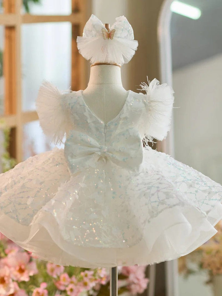 Sunnypetal Puff Sleeves Lace 3D Butterflys Ball-Gown Flower Girl Dresses