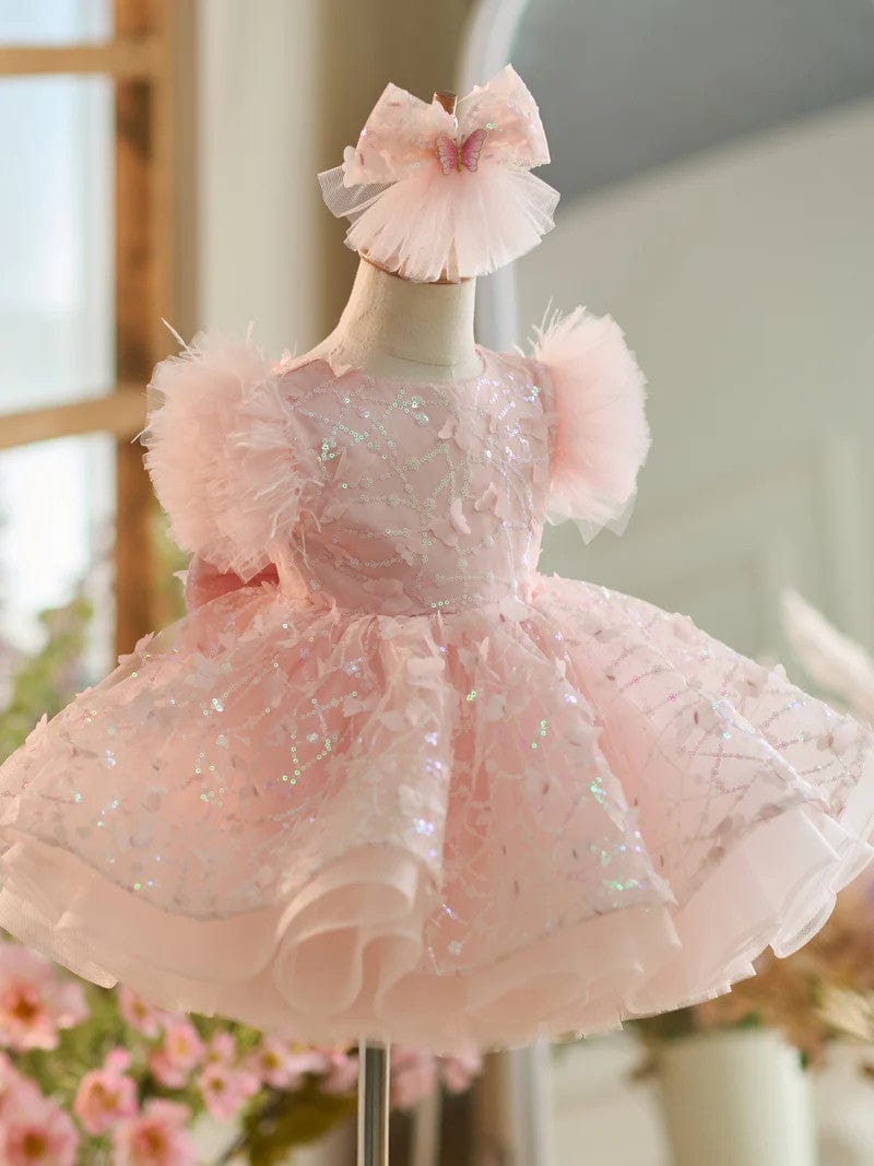 Sunnypetal Puff Sleeves Lace 3D Butterflys Ball-Gown Flower Girl Dresses