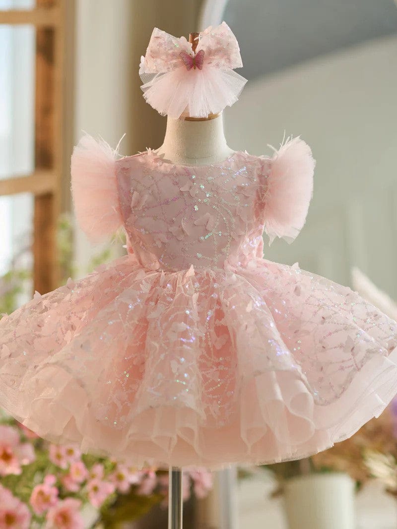 Sunnypetal Puff Sleeves Lace 3D Butterflys Ball-Gown Flower Girl Dresses