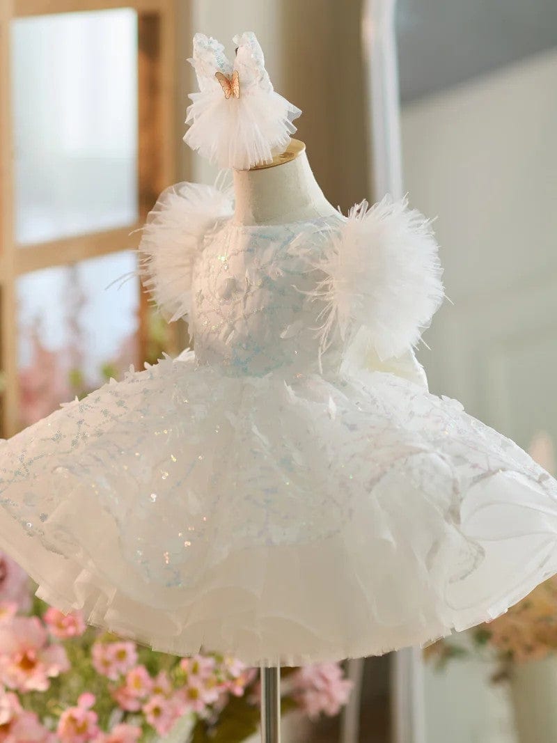 Sunnypetal Puff Sleeves Lace 3D Butterflys Ball-Gown Flower Girl Dresses