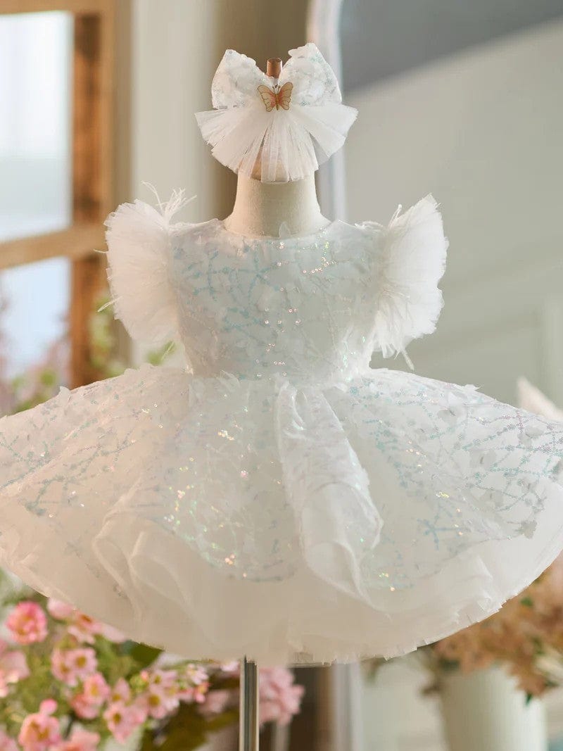 Sunnypetal Puff Sleeves Lace 3D Butterflys Ball-Gown Flower Girl Dresses