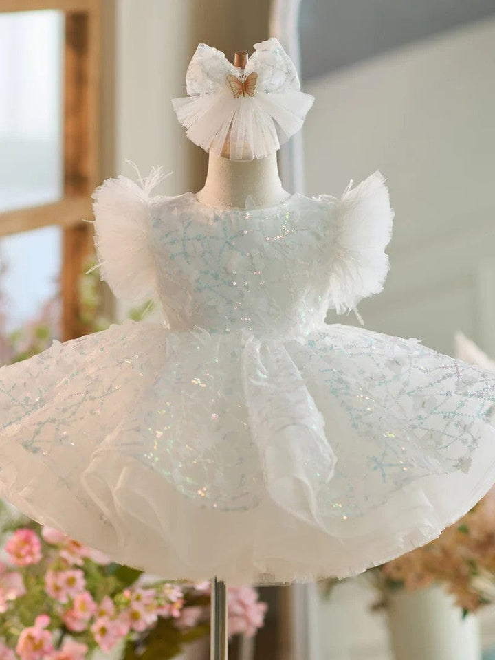 Sunnypetal Puff Sleeves Lace 3D Butterflys Ball-Gown Flower Girl Dresses