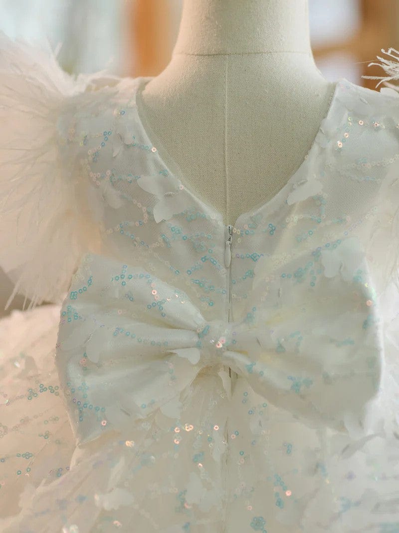 Sunnypetal Puff Sleeves Lace 3D Butterflys Ball-Gown Flower Girl Dresses