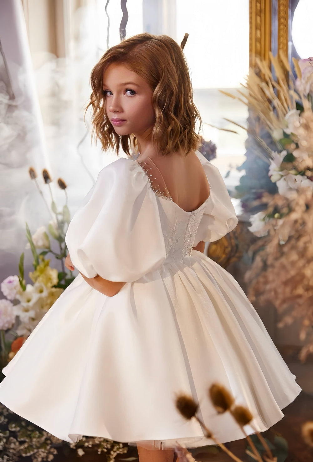 Sunnypetal Puff Sleeves Square Neck Satin Flower Girl Dresses Knee-Length Ball-Gown