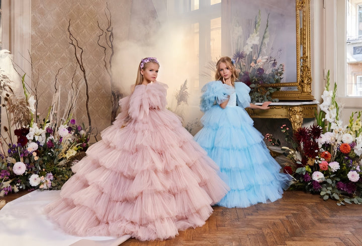 Sunnypetal Puff Sleeves Sweetheart Neckline Long Ruffled Tulle Flower Girl Dresses Ball Gown