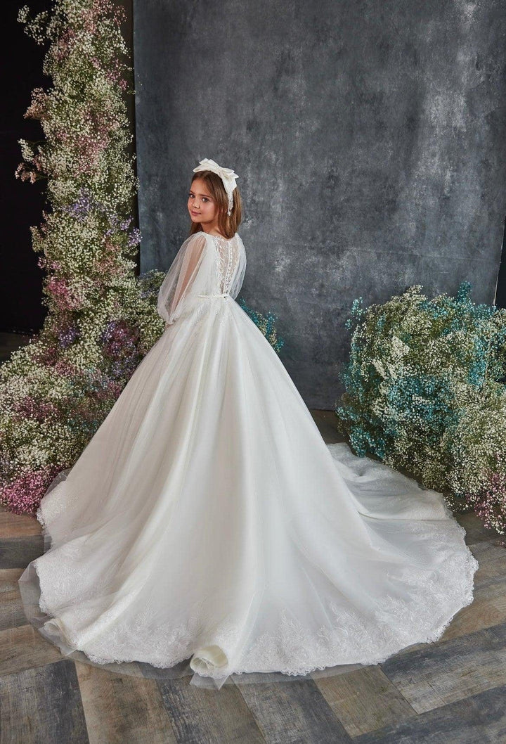 Sunnypetal Puff Sleeves V-Neck Floral Lace Flower Girl Dresses First communion Gown