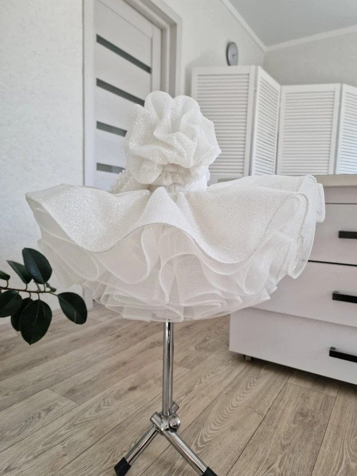 Sunnypetal Puffy Glitter White Knee-Length Tutu Dress with Pearls and Puff Sleeves