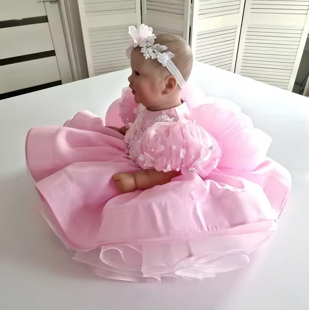 Sunnypetal Puffy Pink Baby Toddler Princess Ball Gown Kids Newborn Tulle Baptism Outfits