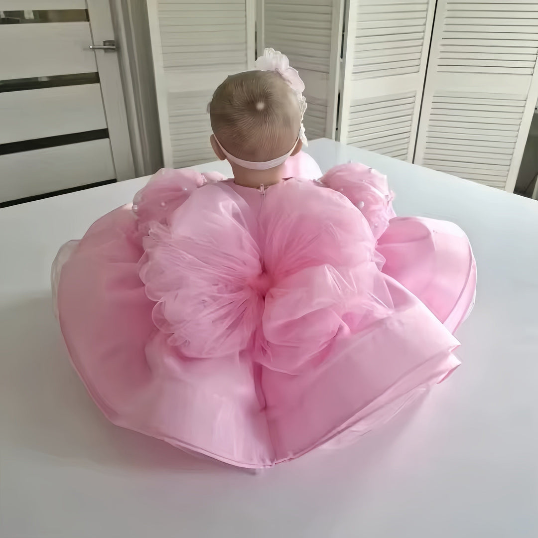 Sunnypetal Puffy Pink Baby Toddler Princess Ball Gown Kids Newborn Tulle Baptism Outfits