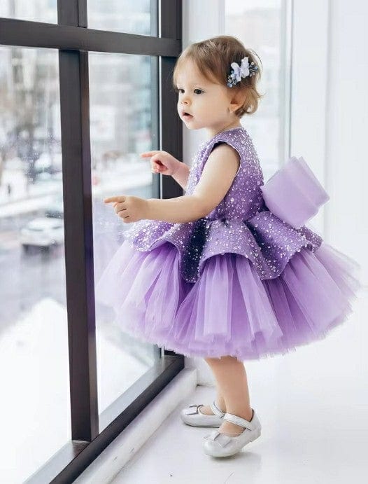 Sunnypetal Puffy Tulle Flower Girl Dresses Lace Bow Baby Kids Birthday Knee-Length Ball-Gown