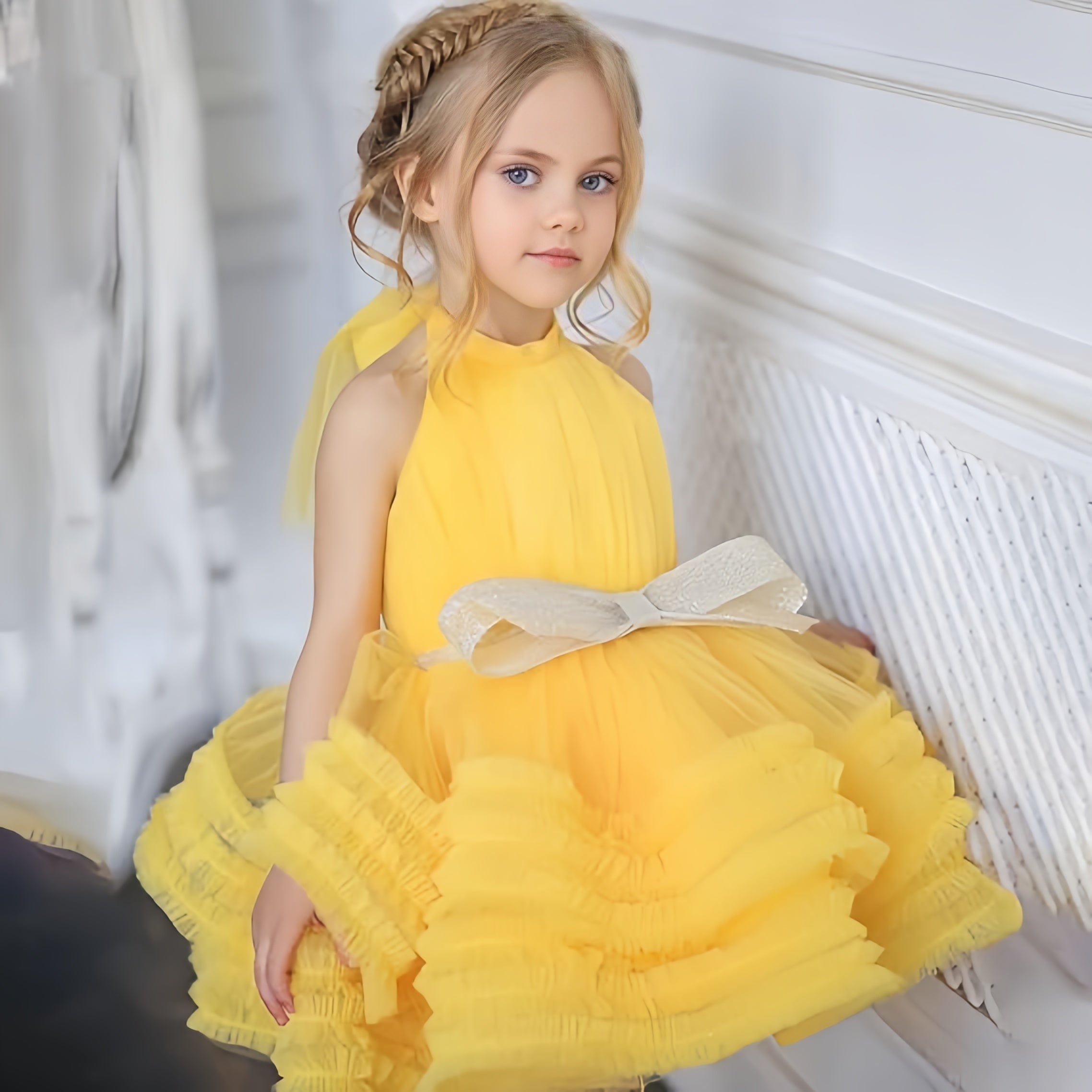 yellow short puffy dress Short Puffy Sleeves Dress For Girls 10y