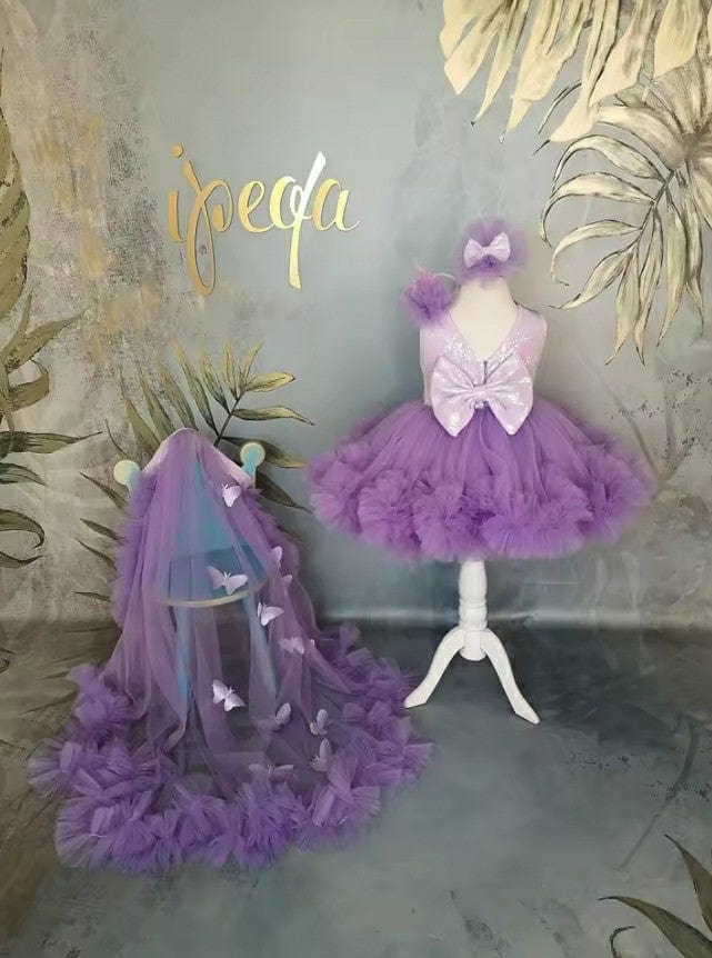 Sunnypetal Purple Flower Girl Dresses Children 3D Butterfly Tulle Dress Sequins Bow
