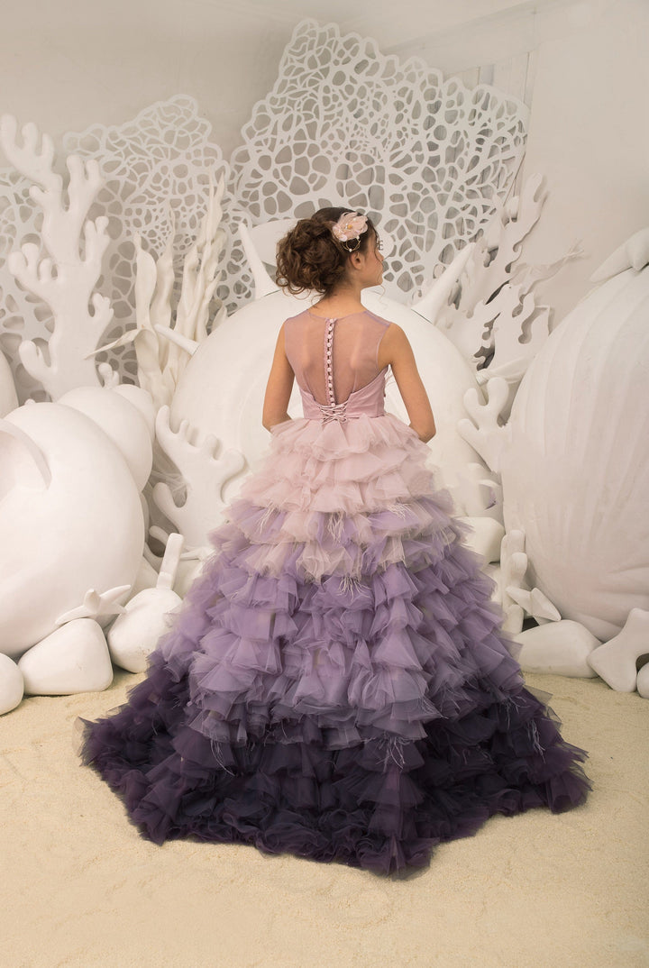 Sunnypetal Purple Gradient Layered Puffy Tulle Dress Birthday Pageant Party Flower Girl Dresses