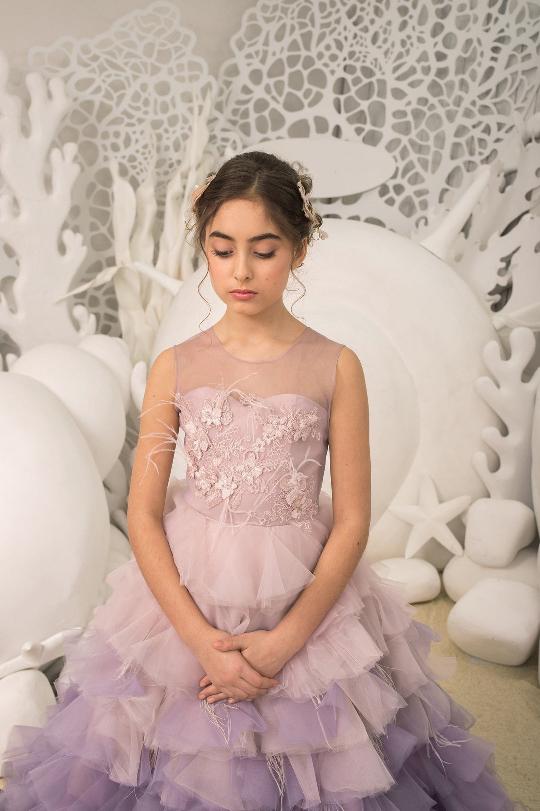 Sunnypetal Purple Gradient Layered Puffy Tulle Dress Birthday Pageant Party Flower Girl Dresses