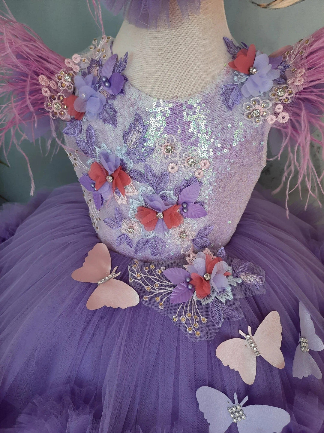 Sunnypetal Purple Lace Butterfly Girl Birthday Flower Girl Dress with Detachable Train