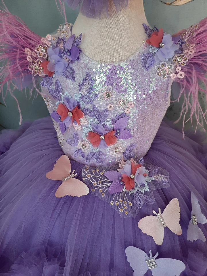 Sunnypetal Purple Lace Butterfly Girl Birthday Flower Girl Dress with Detachable Train