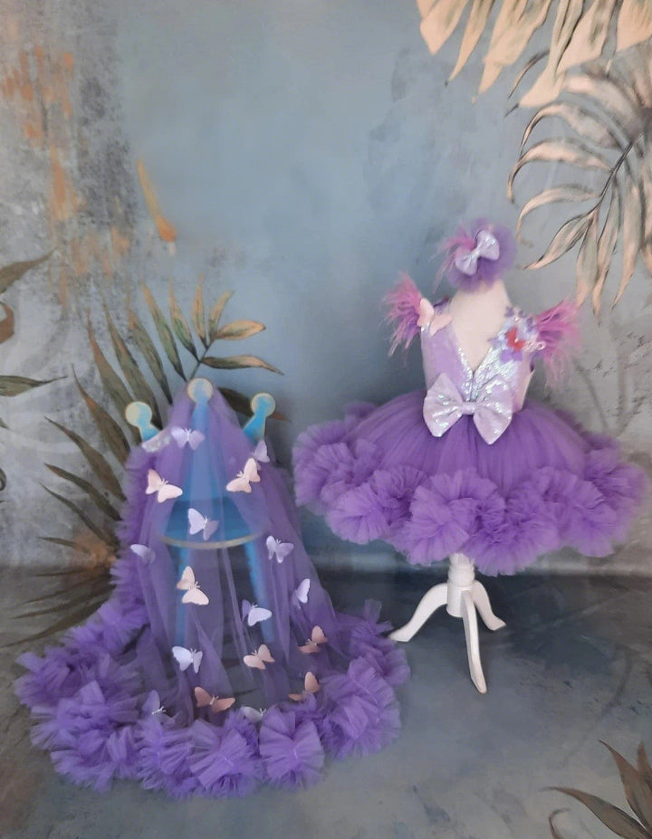 Sunnypetal Purple Lace Butterfly Girl Birthday Flower Girl Dress with Detachable Train