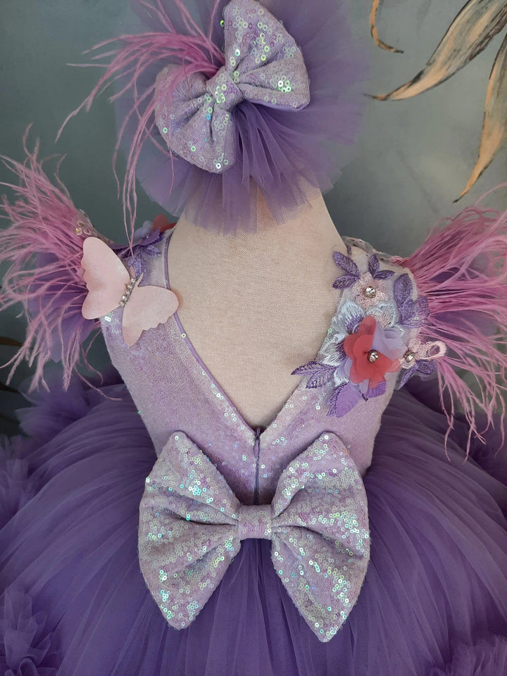 Sunnypetal Purple Lace Butterfly Girl Birthday Flower Girl Dress with Detachable Train