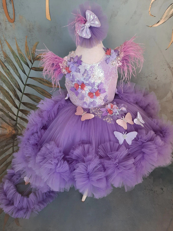 Sunnypetal Purple Lace Butterfly Girl Birthday Flower Girl Dress with Detachable Train