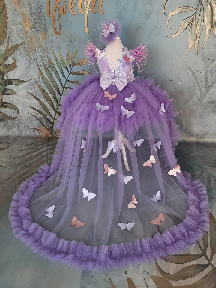 Sunnypetal Purple Lace Butterfly Girl Birthday Flower Girl Dress with Detachable Train