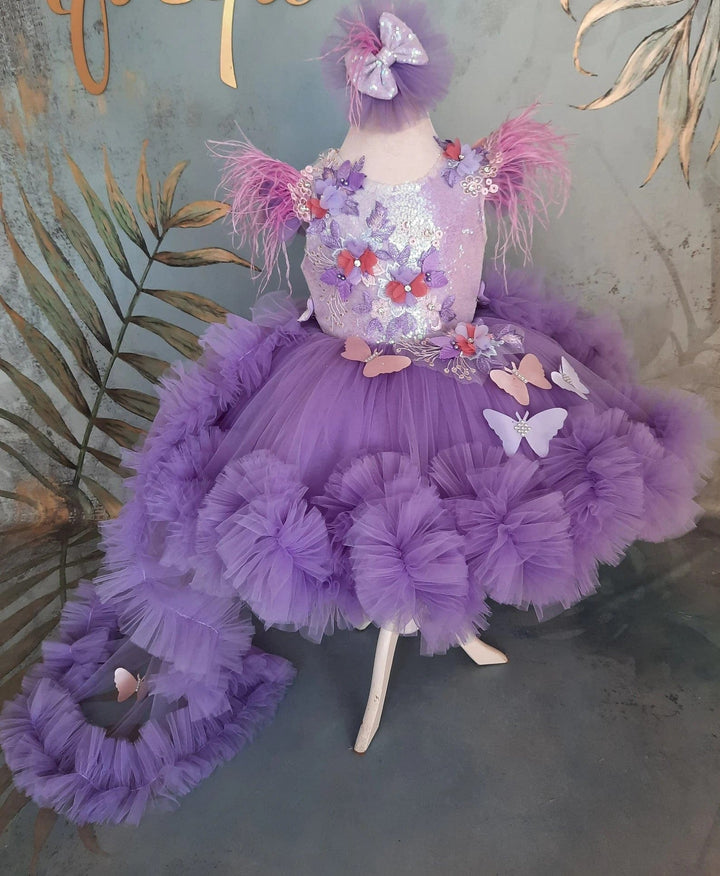 Sunnypetal Purple Lace Butterfly Girl Birthday Flower Girl Dress with Detachable Train