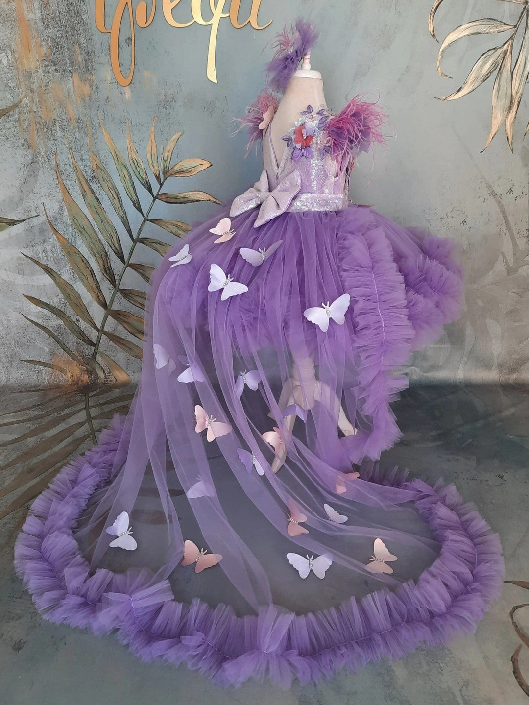 Sunnypetal Purple Lace Butterfly Girl Birthday Flower Girl Dress with Detachable Train