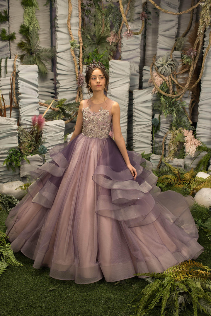 Sunnypetal Purple Sleeveless Appliques Ruffles Puffy Tulle Flower Girl Dress with Cathedral Train