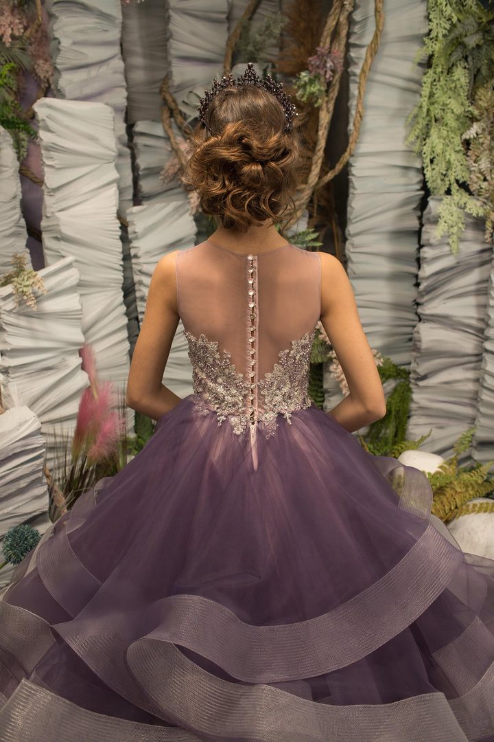 Sunnypetal Purple Sleeveless Appliques Ruffles Puffy Tulle Flower Girl Dress with Cathedral Train