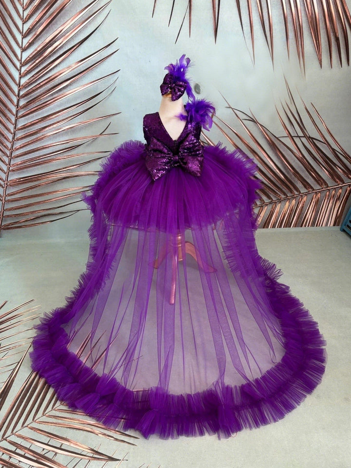 Sunnypetal Purple Sleeveless V Back Baby Girl Birthday Dress with Detachable Train