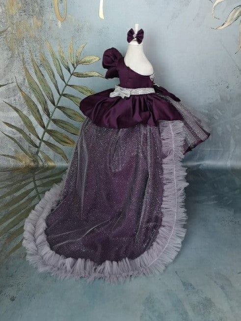 Sunnypetal Purple Sparkle One-Shoulder Satin Baby Girl Gown with Detachable Train