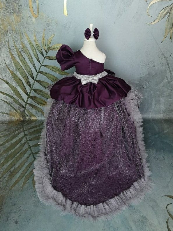 Sunnypetal Purple Sparkle One-Shoulder Satin Baby Girl Gown with Detachable Train