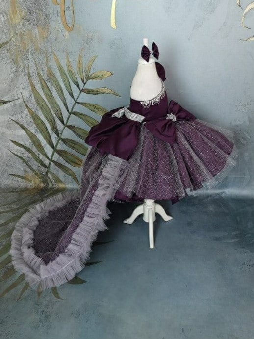 Sunnypetal Purple Sparkle One-Shoulder Satin Baby Girl Gown with Detachable Train