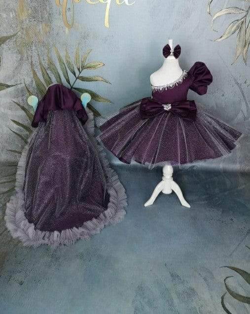 Sunnypetal Purple Sparkle One-Shoulder Satin Baby Girl Gown with Detachable Train