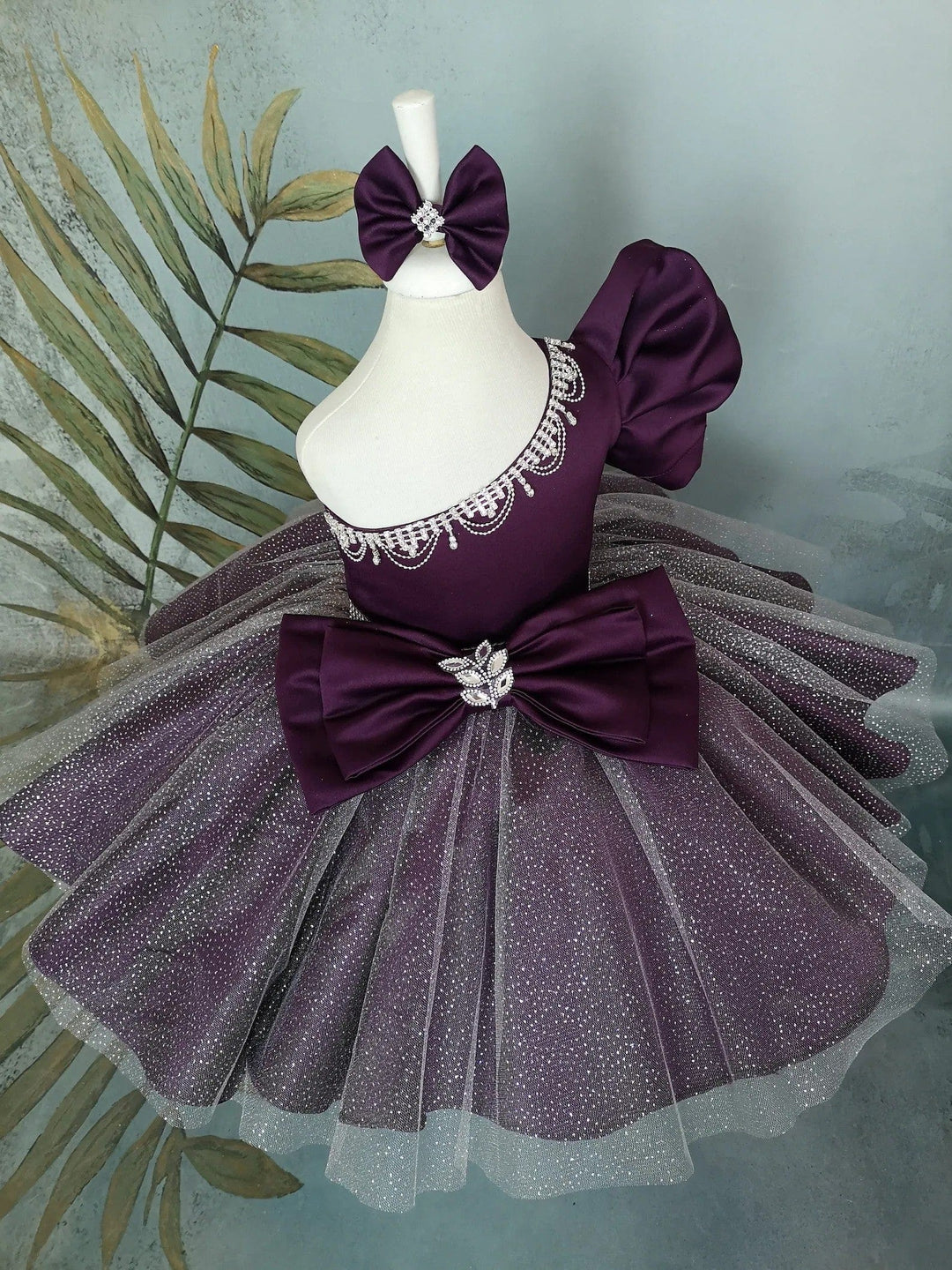 Sunnypetal Purple Sparkle One-Shoulder Satin Baby Girl Gown with Detachable Train