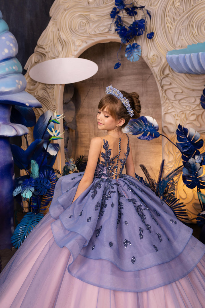 Sunnypetal Purple Timeless Appliques Sequins Long Tulle Princess Ball-Gown Flower Girl Dresses